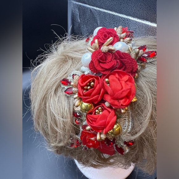 Floral and Faux Pearl Embellished Headband - Red - NWOT - Picture 4 of 6